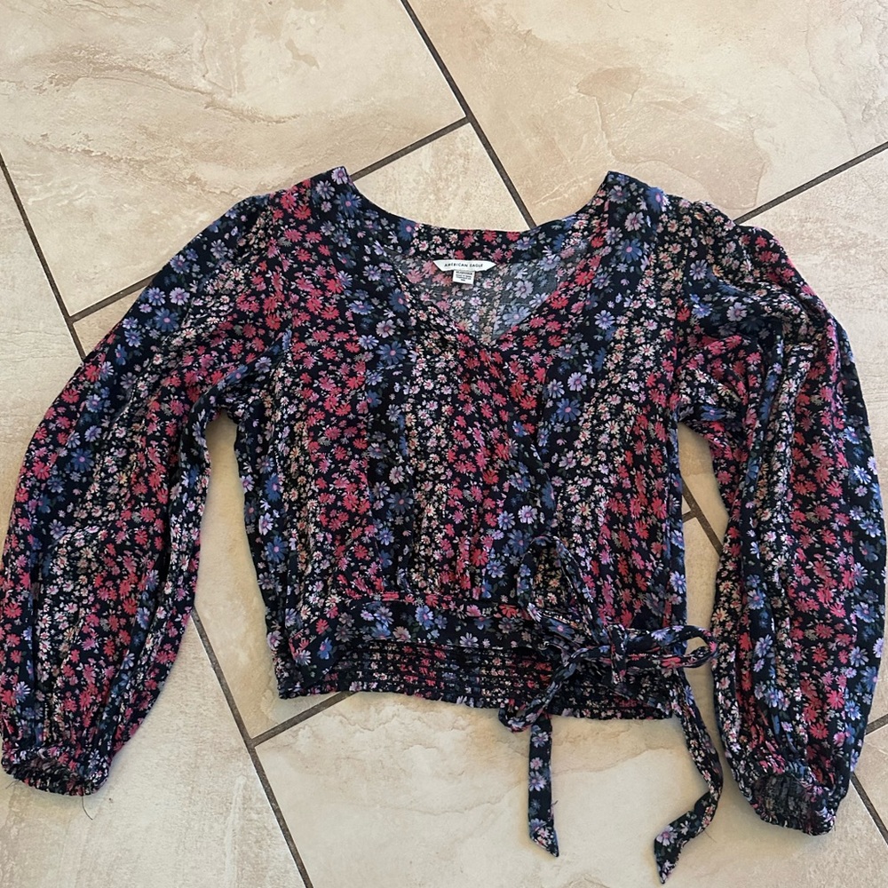 American Eagle Faux Wrap Floral Long Sleeve Crop Top